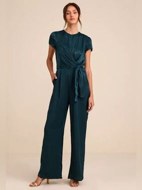 Lulus Jumpsuit Let Me Entertain You Dark Green Satin Wide-Leg Jumpsuit